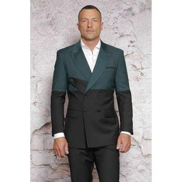 NEW Grogo Black Dark Green Wool Double Breasted Mens Suit Jacket EU 46